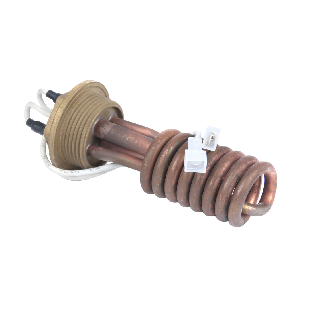 Copper heating element with connectors on a white background