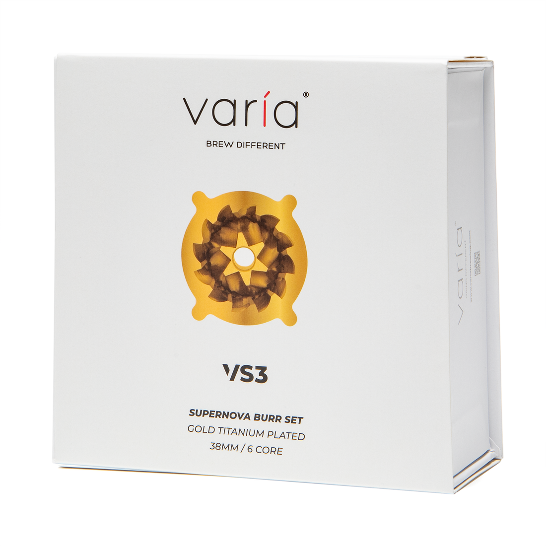 Varia VS3 Supernova Gold Titanium Plated 38mm Conical Burr Packaging Exterior || Supernova Gold Titanium Plated