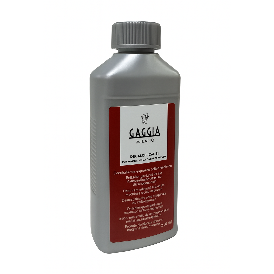 Gaggia Milano decalcifier bottle on a white background.