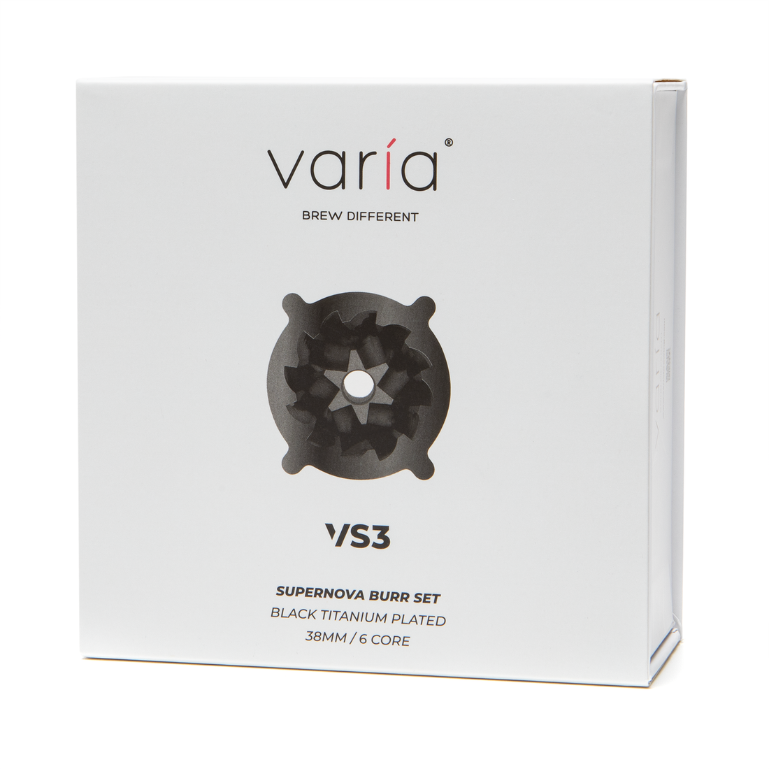 Varia VS3 Supernova Black Titanium Plated 38mm Conical Burr Set Packaging Exterior || Supernova Black Titanium Plated