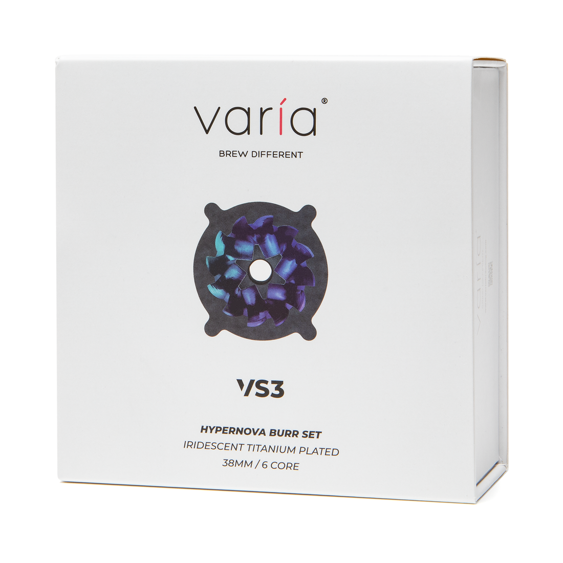 Varia VS3 Hypernova Iridescent Titanium Plated 38mm Conical Burr Set Packaging Exterior || Hypernova Iridescent Titanium Plated