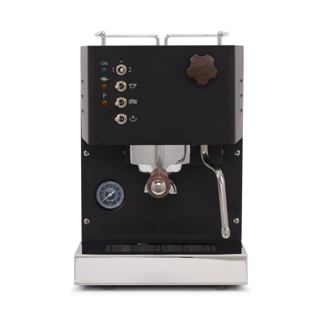 Quick Mill Pippa espresso machine in black from the front.