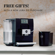 JURA Z10 coffee machine in black with a free gift offer on a neutral background.