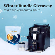 Gaggia Cadorna Milk next to a bag of Crema Wave coffee in the snow in front of a blue background with text that reads "Winter Bundle Giveaway".