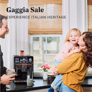 Family in a kitchen with a Gaggia Accademia Super-Automatic espresso machine, promoting a Gaggia sale and Italian heritage.