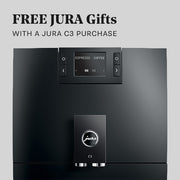 Close up of a JURA C3 on a gray background. Promotional text overlayed that reads "FREE JURA Gifts - with a JURA C3 Purchase".
