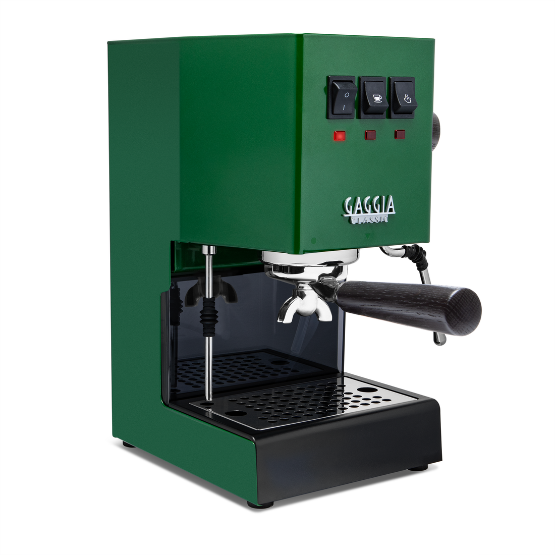 Gaggia Classic Pro E24 Jungle Green front angle with smoked oak || Jungle Green