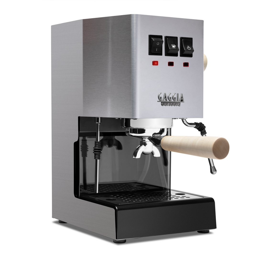 Gaggia Classic Pro E24 Stainless Steel maple Front Angle || Stainless Steel