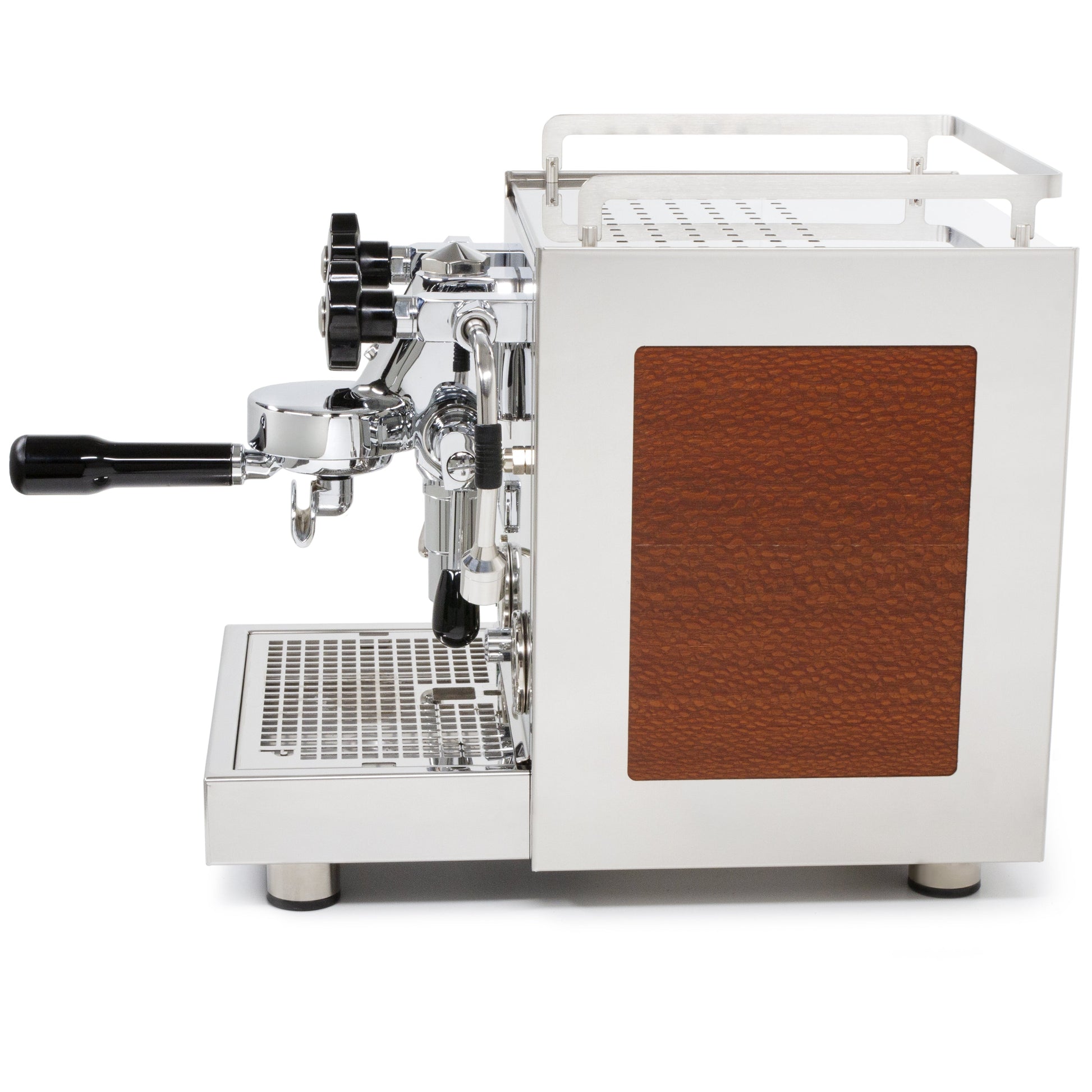 Profitec Pro 600 with lacewood quarter cut Panels Left Profile || Lacewood Quarter Cut