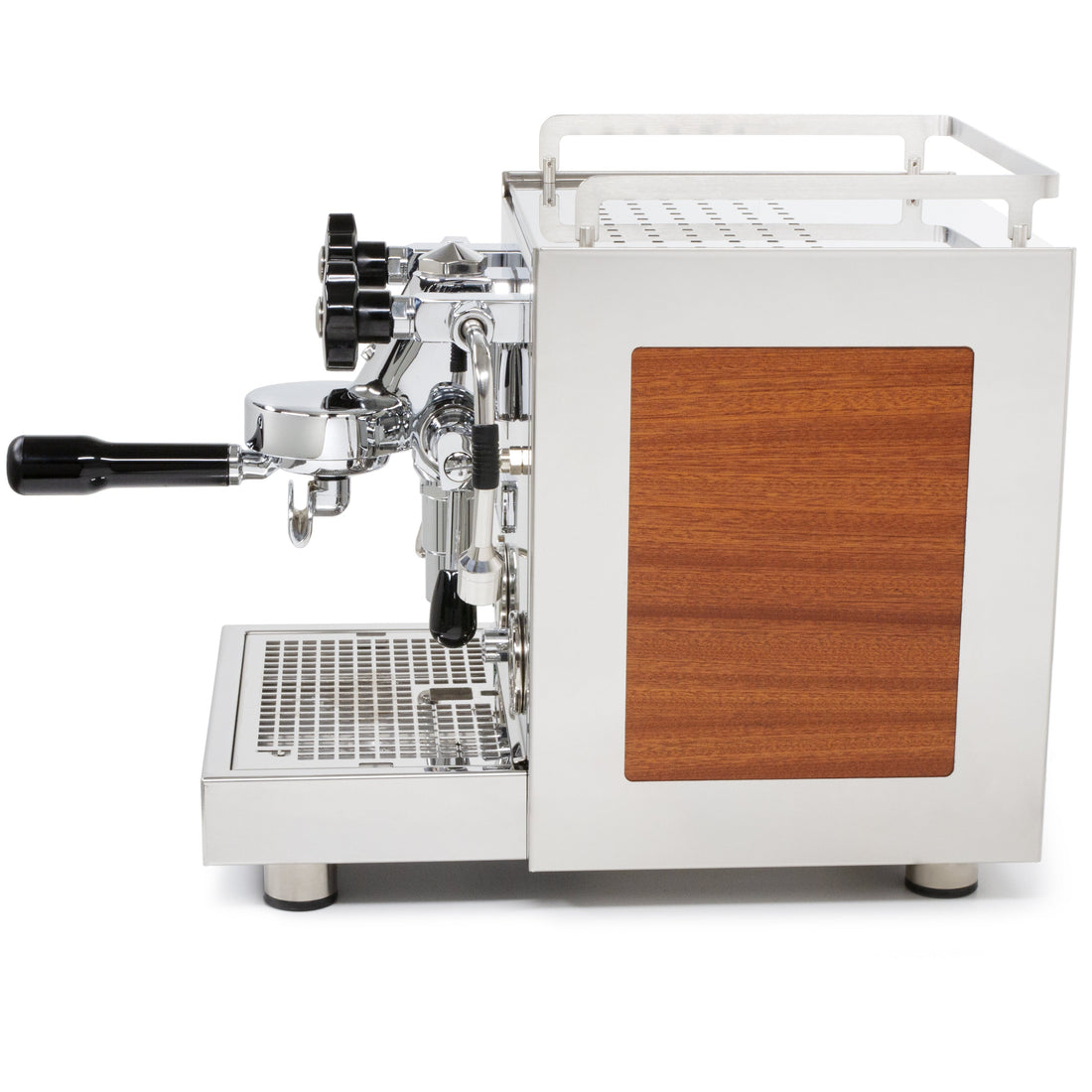 Profitec Pro 600 with Sapele Quarter Cut panels left profile|| Sapele Quarter Cut