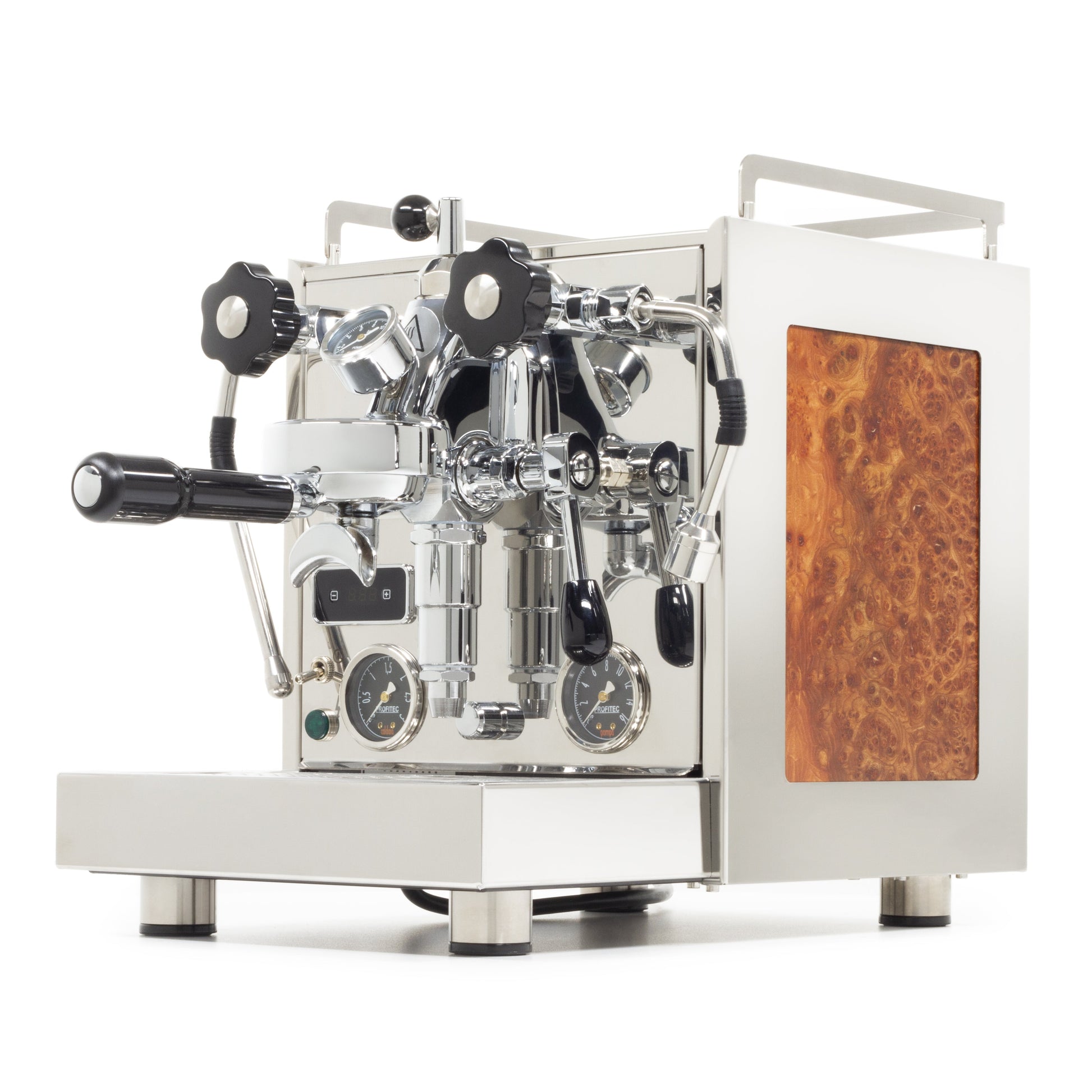 Profitec Pro 600 with Elm Carpathian Burl Panels and Flow Control Left Facing || Elm Carpathian Burl