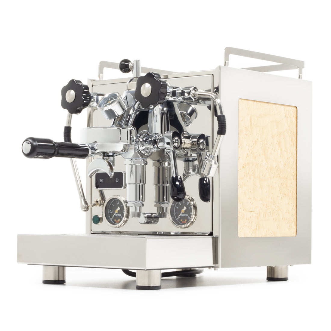 Profitec Pro 600 with Maple Birdseye Panels and Flow Control left facing || Maple Birdseye