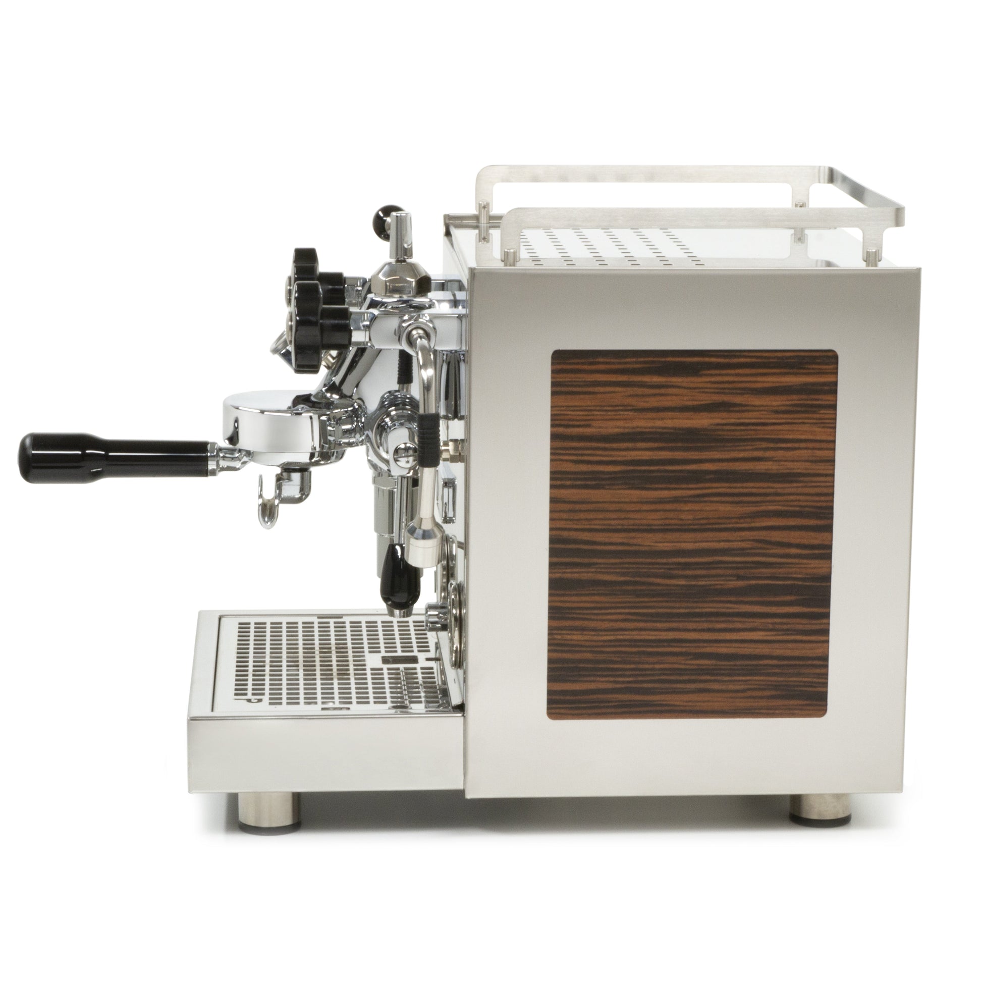 Profitec Pro 600 with walnut quarter cut panels and Flow Control left profile || Walnut Quarter Cut