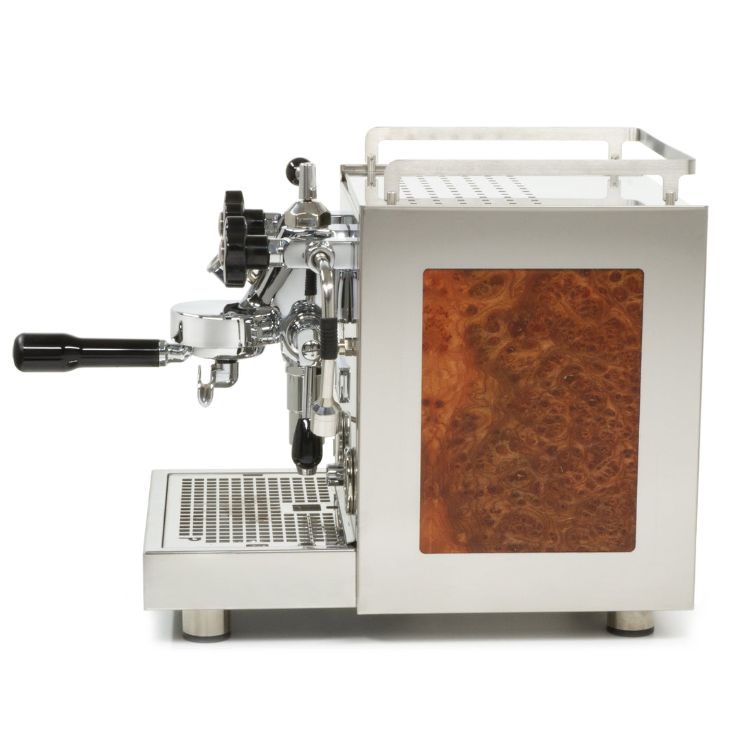 Profitec Pro 600 with Elm Carpathian Burl Panels and Flow Control Left Profile || Elm Carpathian Burl