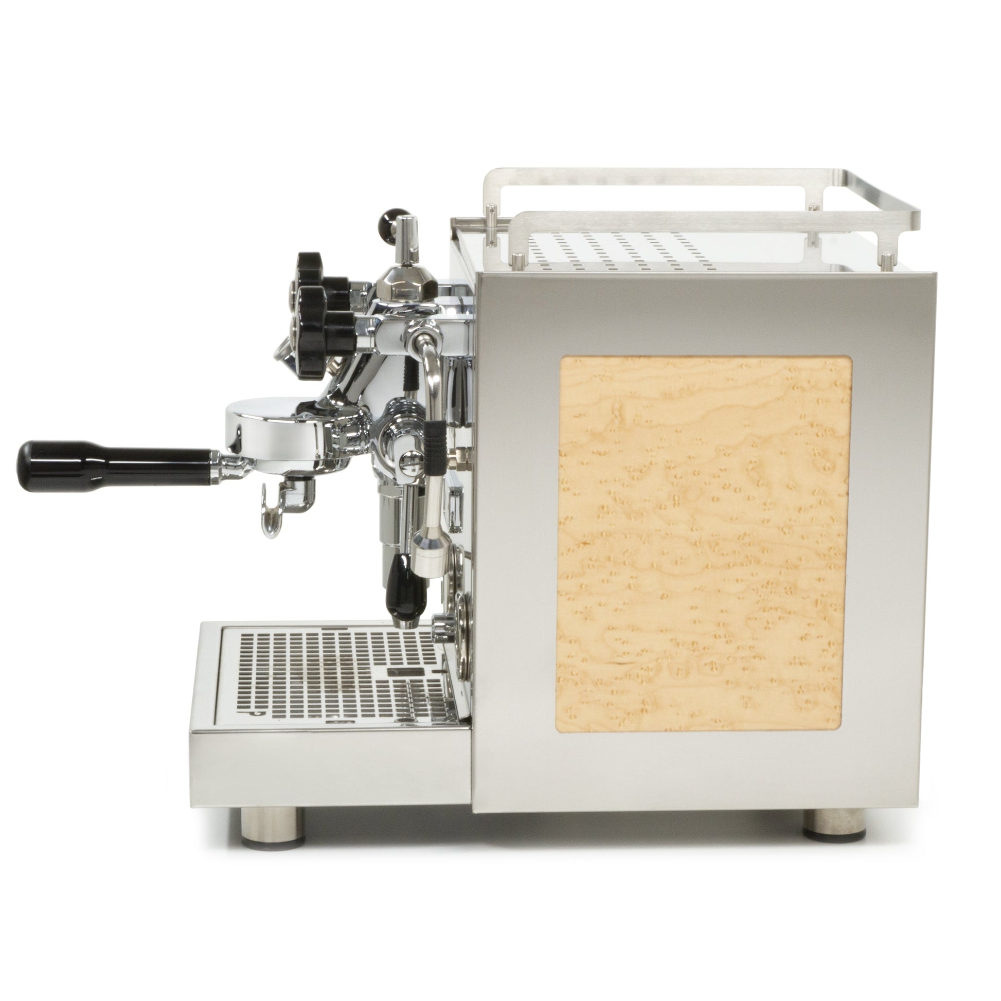 Profitec Pro 600 with Maple Birdseye Panels and Flow Control left profile || Maple Birdseye