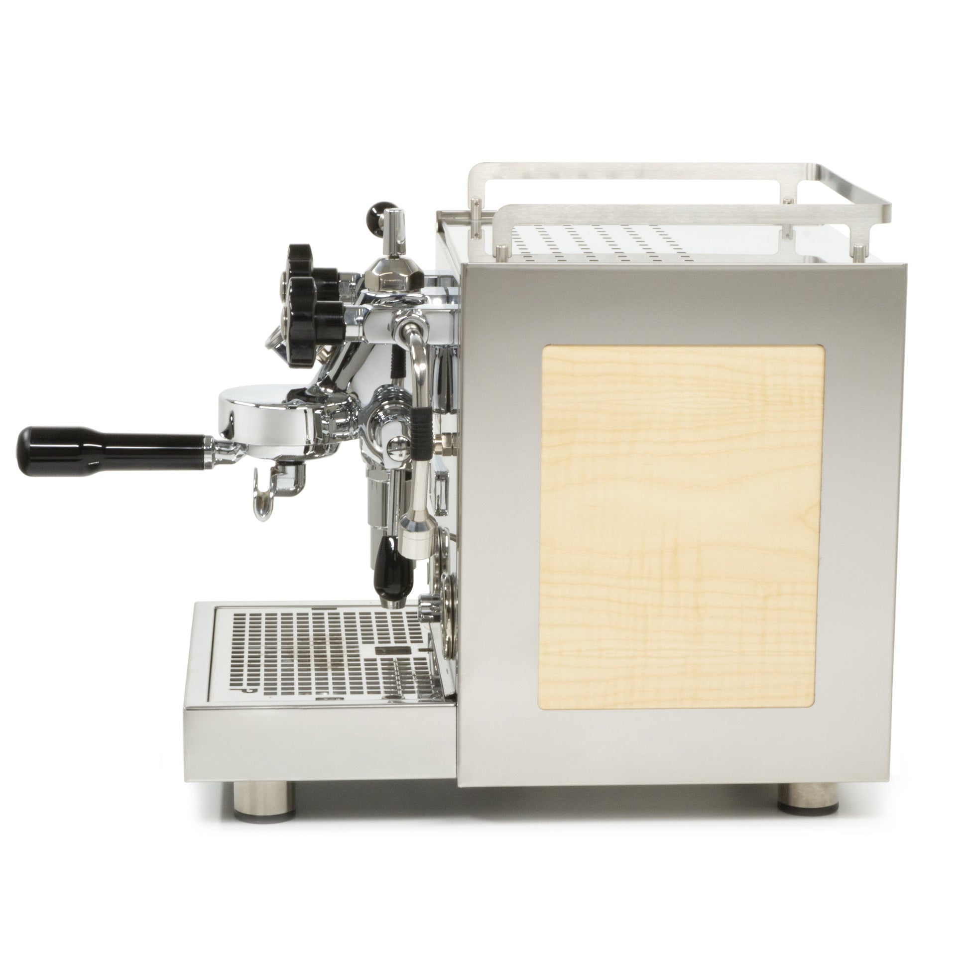 Profitec Pro 600 with Maple Curly Figured Panels and Flow Control left profile || Maple Curly Figured