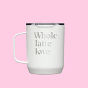 Whole Latte Love Horizon Camp Mug 12 oz in White on a pink background.