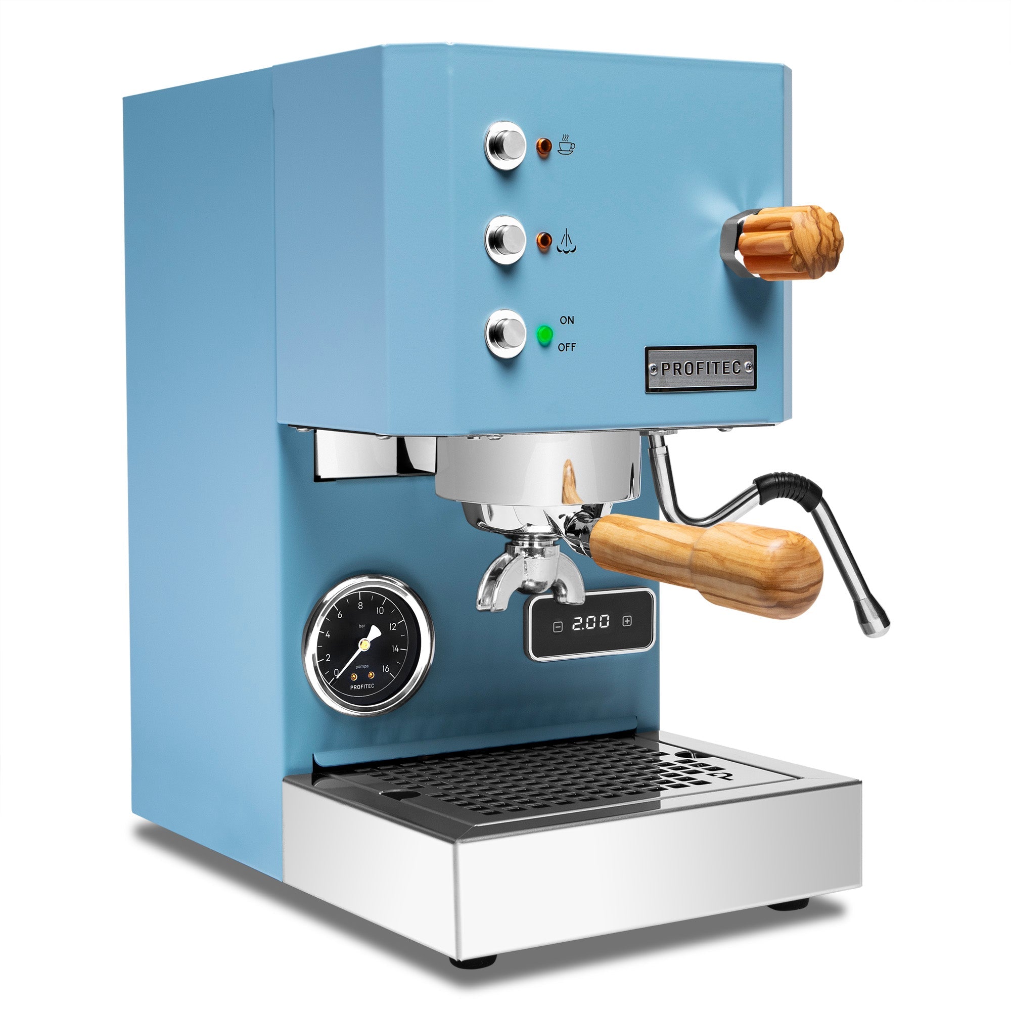 Profitec GO Espresso Machine Blue with Olive Wood Whole Latte Love Canada