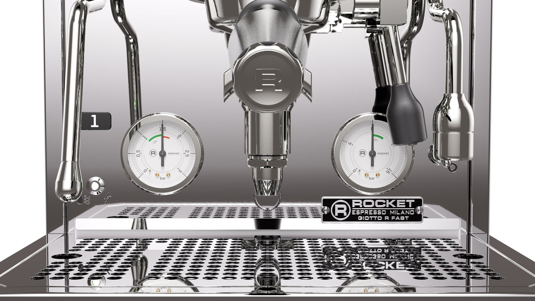 Rocket Espresso Giotto FAST R Stainless Steel Gauge and Portafilter Detail || Stainless Steel