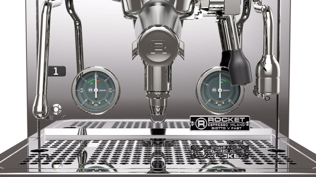 Rocket Espresso Giotto FAST V Stainless Steel Gauge and Portafilter Detail || Stainless Steel