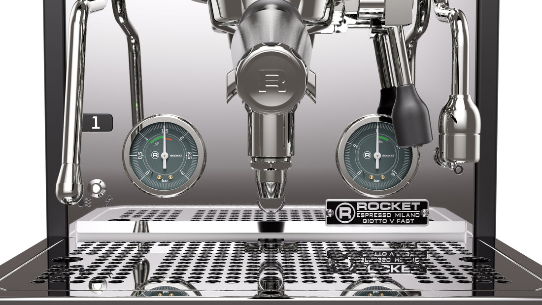 Rocket Espresso Giotto FAST V Black Gauge and Portafilter Detail || Black