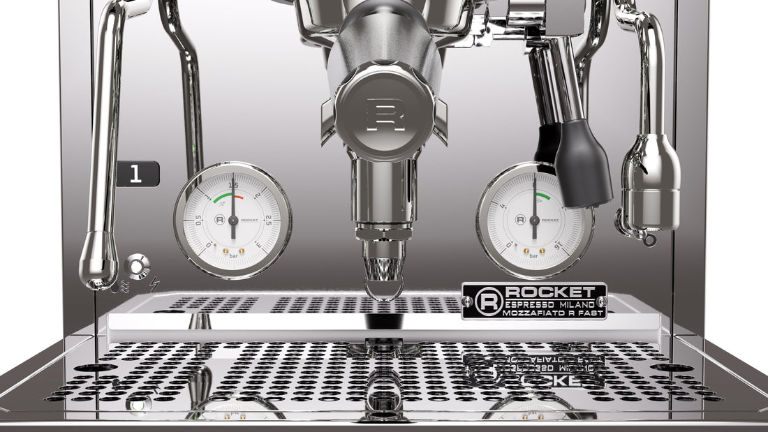 Rocket Espresso Mozzafiato FAST R Stainless Steel Gauge and Portafilter Detail || Stainless Steel