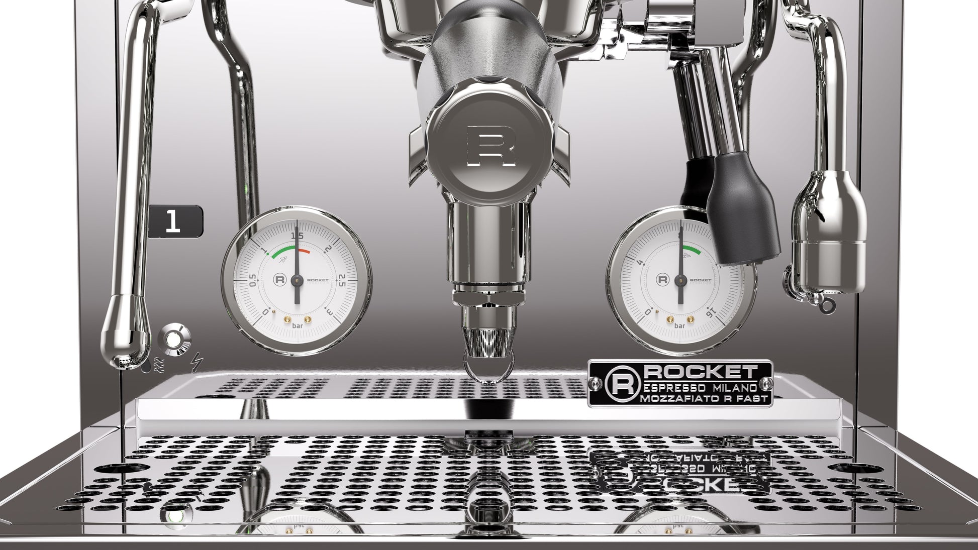 Rocket Espresso Mozzafiato FAST R Stainless Steel Gauge and Portafilter Detail || Stainless Steel
