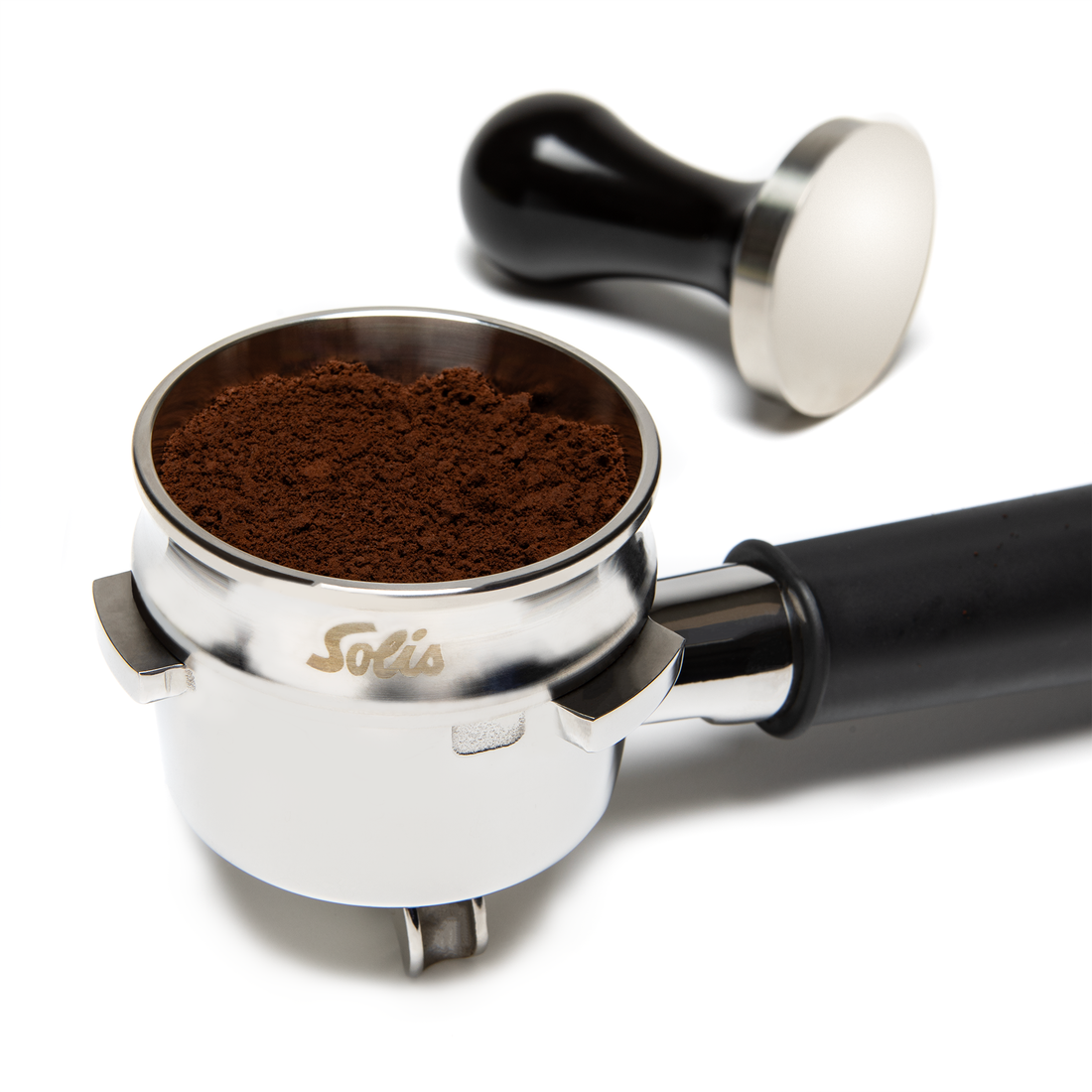 Solis Perfetta Dosing Ring on Portafilter with Coffee and Tamper