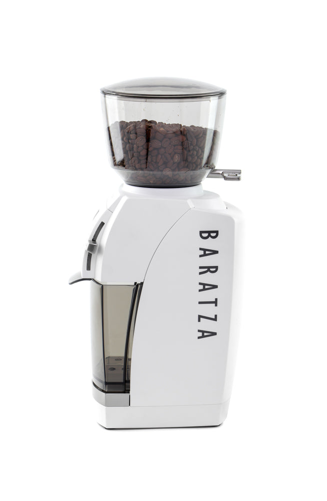 Baratza Vario W+ Coffee Grinder in White with Ground Coffee Container Left Profile || White