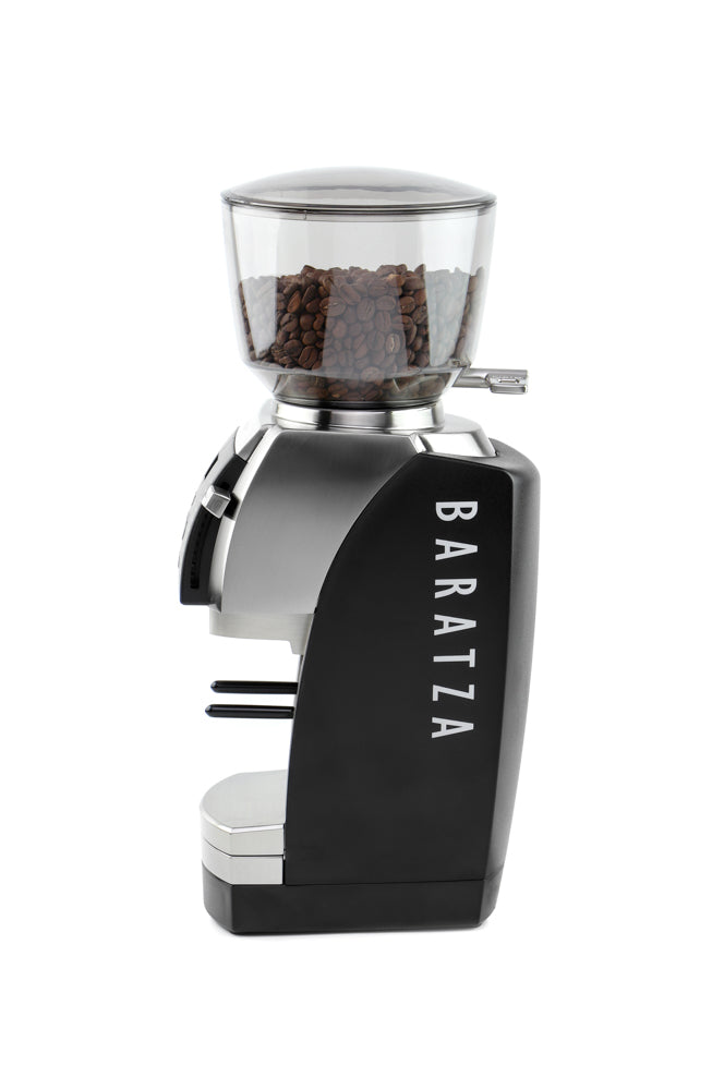 Baratza Vario Plus Coffee Grinder in Black with Portafilter Holder Left Profile || Black