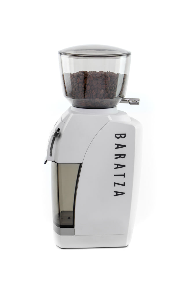 Baratza Vario Plus Coffee Grinder in White with Ground Coffee Container Left Facing || White