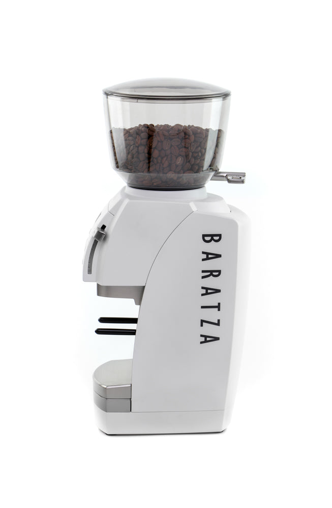 Baratza Vario Plus Coffee Grinder in White with Portafilter Holder Left Profile || White