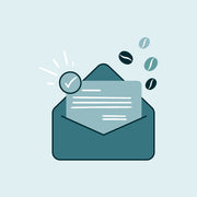 Illustration of an open envelope with a checkmark and coffee beans on a light blue background