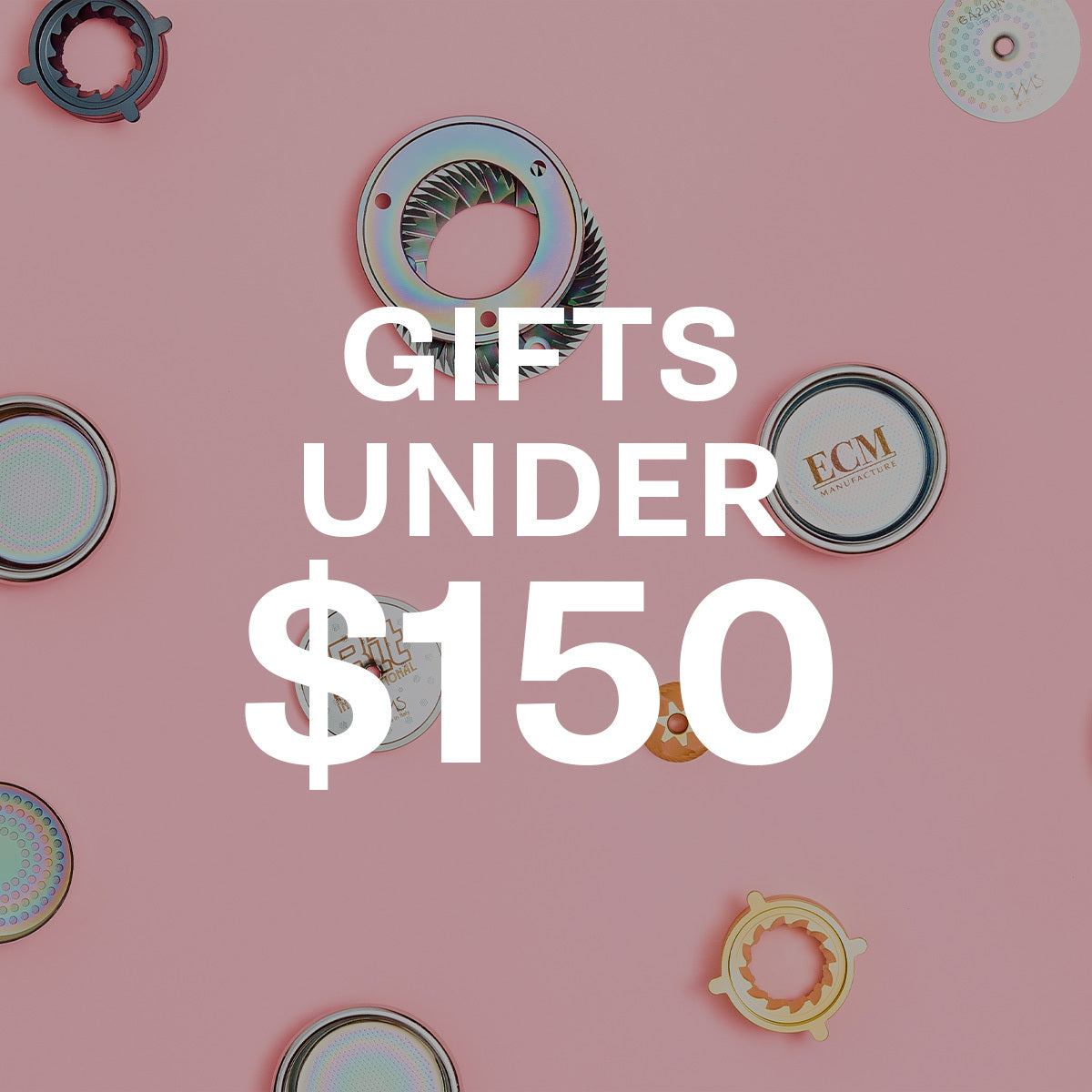 ECM grinder burrs and portafilter baskets on a pink background with text overlayed that reads "Gifts Under $150".