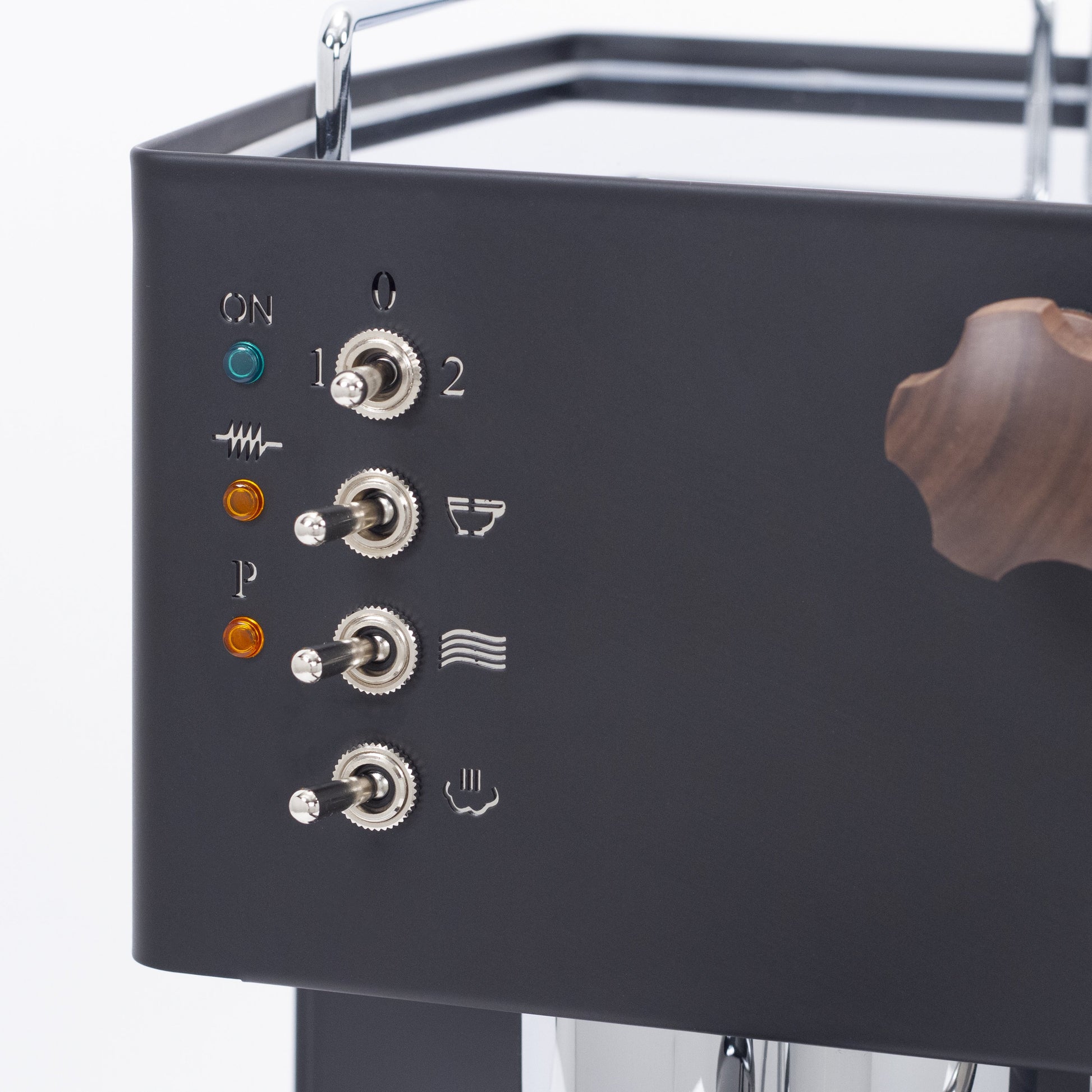 Quick Mill Pippa in black, custom wood steam knob and switches.
