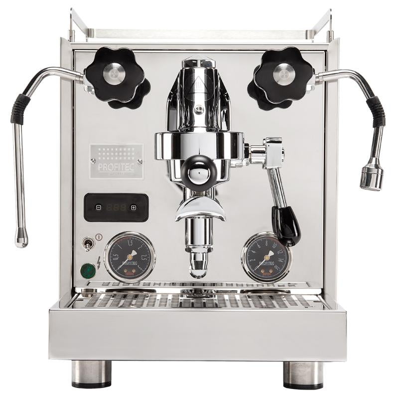 Espresso machine, facing forward with steam wand and hot water tap angled outward